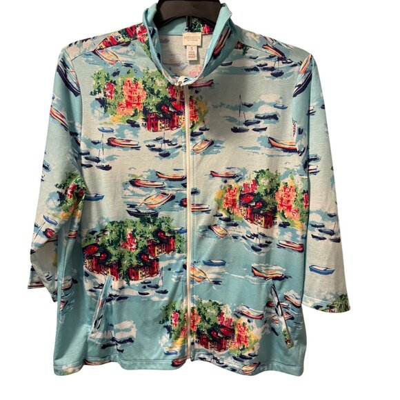 Chicos Weekends Zippered Jacket Size XL Polyester Boating Scene Print - Picture 1 of 11